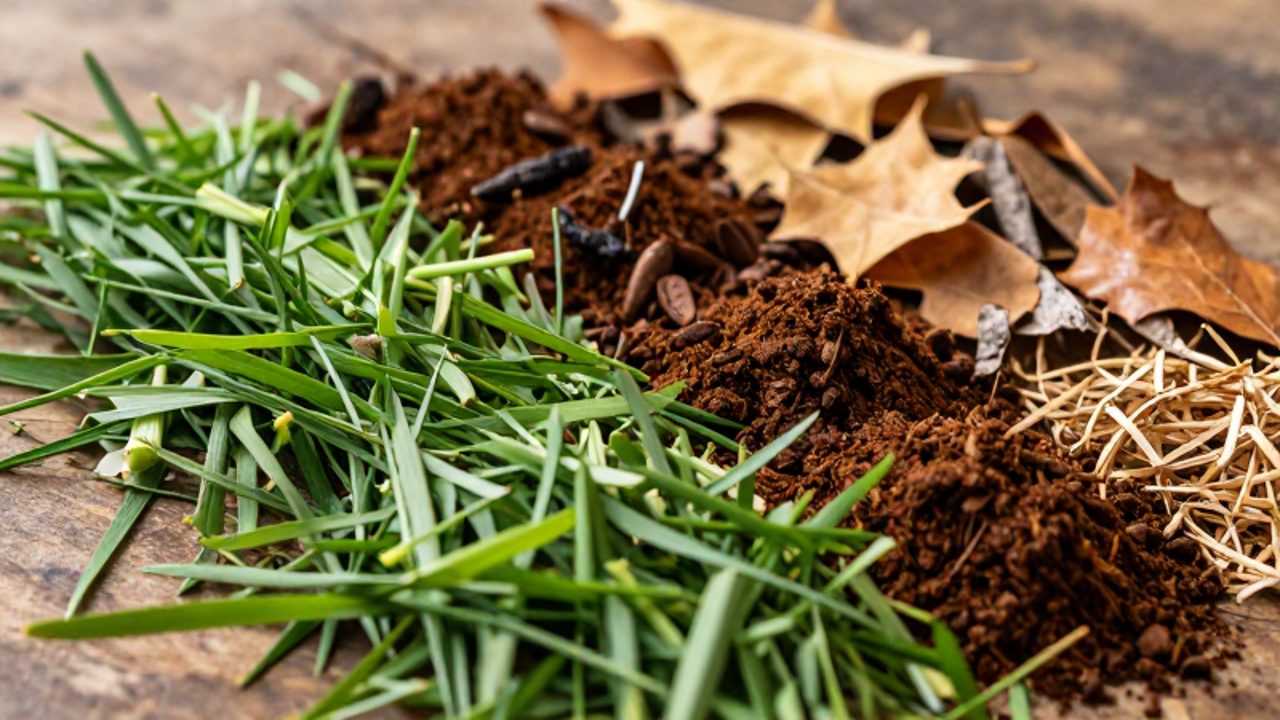 Eine Auswahl an stickstoffreichen grünen Pflanzenresten und Kaffeesatz liegt neben kohlenstoffreichem braunem Material wie trockenen Blättern und Zweigen auf einer Holzoberfläche.