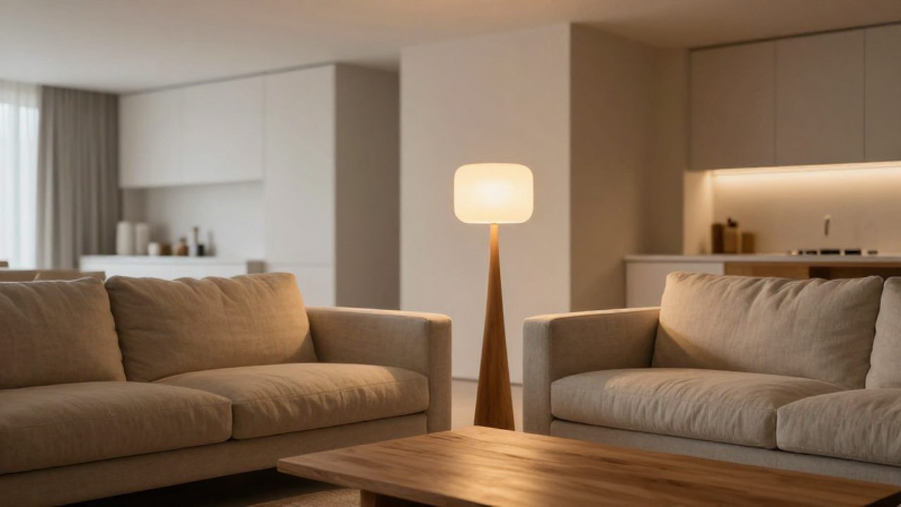 Eine stilvolle Stehlampe verbreitet warmes, goldenes Licht in einem minimalistischen Wohnzimmer und bildet so einen Kontrast zum kühleren Licht im Hintergrund der Küche.
