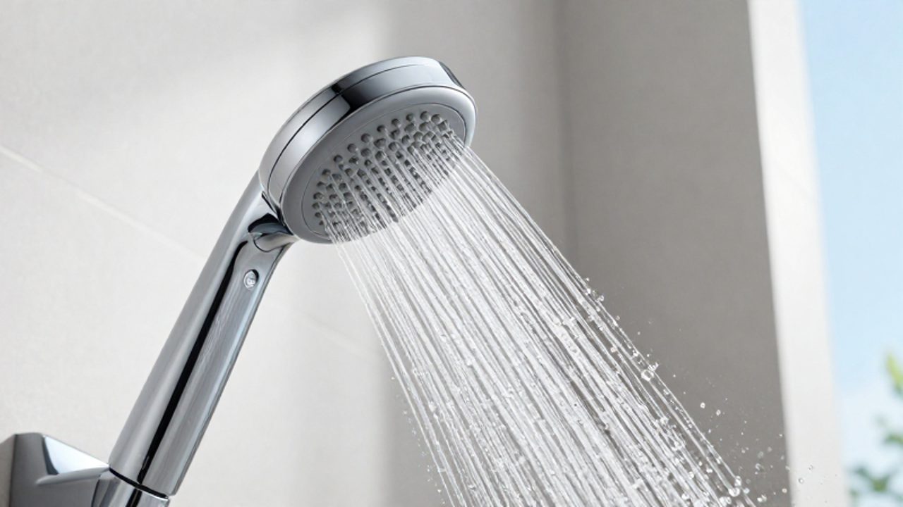 Ein moderner, verchromter Duschkopf sprüht einen feinen, luftigen Wasserstrahl in einem hellen, minimalistischen Badezimmer.