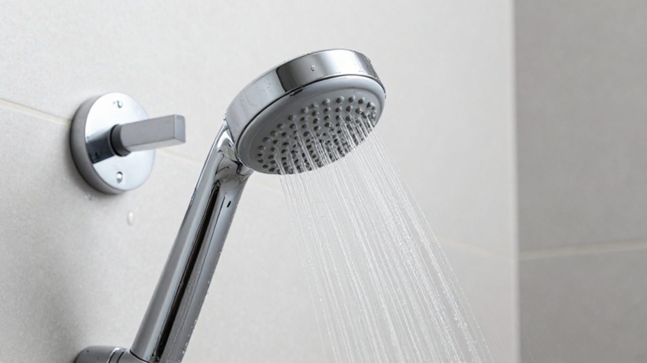 Ein moderner Chrom-Duschkopf an einer grauen Fliesenwand lässt einen gezielten, belüfteten Wasserstrahl aus dünnen Tropfen fließen.