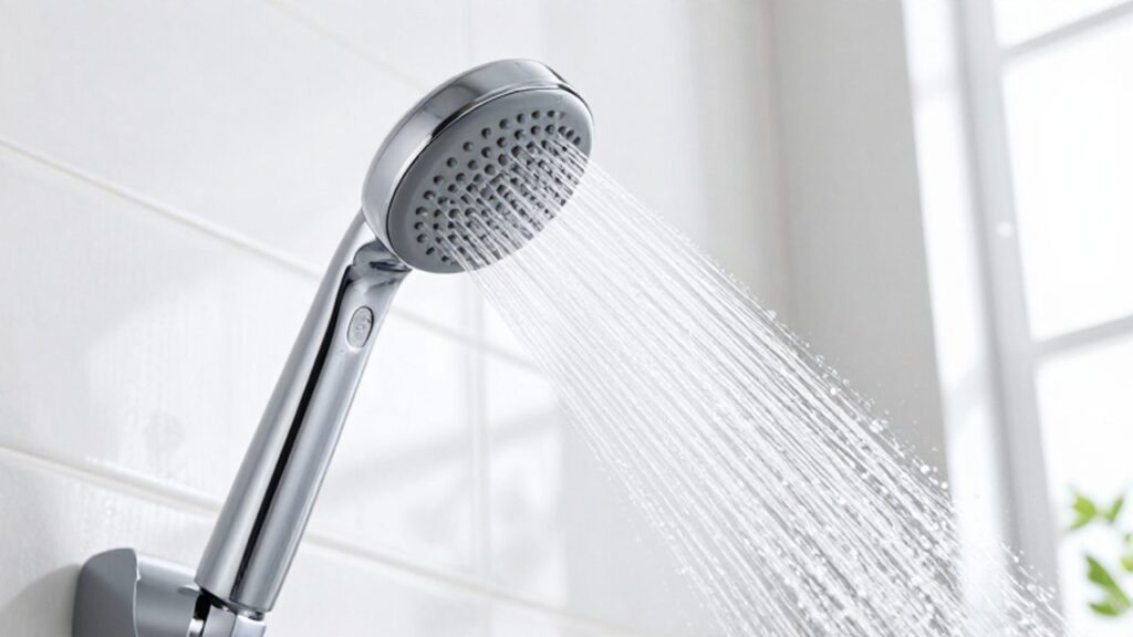 Ein moderner Chrom-Duschkopf lässt in einem hellen Badezimmer einen luftigen, belebten Wasserstrahl aus.