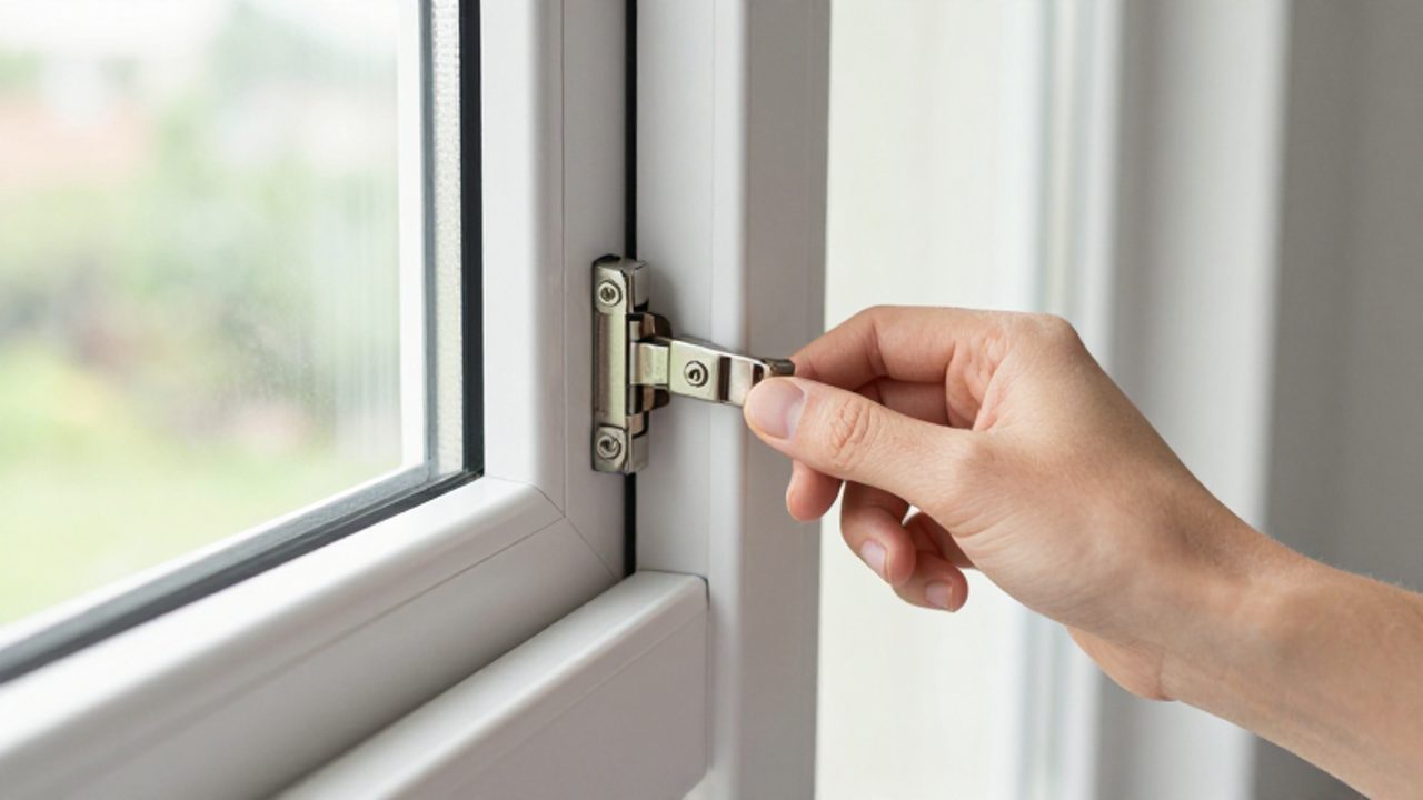 Eine Hand prüft das Metallbeschlag und die Dichtung eines weißen Fensterrahmens auf Fehlstellungen.