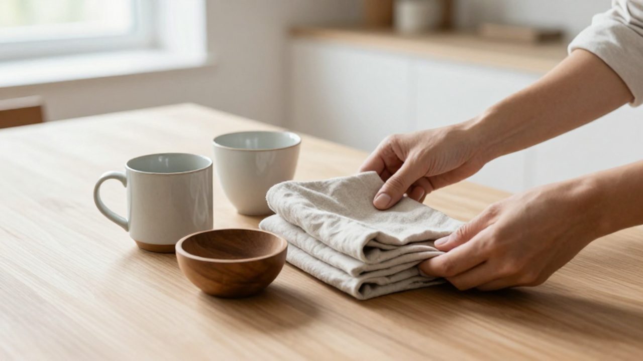 Eine Person sortiert auf einem Holztisch sorgfältig verschiedene Haushaltsgegenstände wie eine Keramiktasse und eine Holzschale, um sich zwischen Behalten und Entsorgen zu entscheiden.