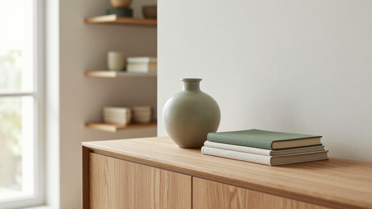 Ein minimalistisch eingerichteter Wohnzimmerwinkel mit einem schlichten Holzsideboard, auf dem eine Keramikvase und ein Buch stehen, in einer hellen und aufgeräumten Umgebung.