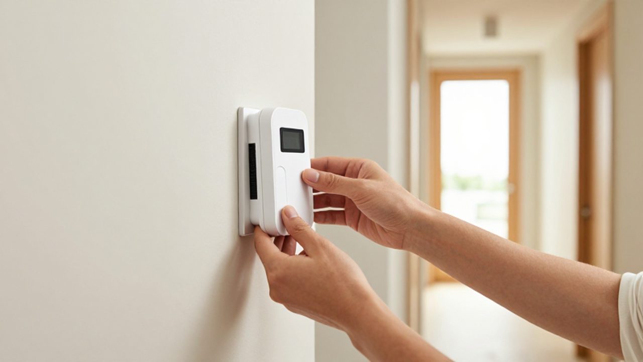 Hände montieren einen modernen, weißen Bewegungsmelder an einer hellen Wand in einem Flur.