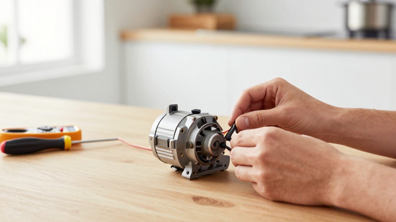 Hände untersuchen ein zerlegtes elektrisches Bauteil eines Haushaltsgeräts auf einer Werkbank neben Werkzeugen zur Fehlersuche.