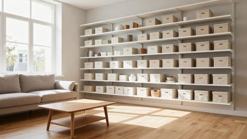 Ein helles, minimalistisch eingerichtetes Studioapartment zeigt eine effiziente Raumnutzung durch wandhohe, weiße Regale mit ordentlich arrangierten Aufbewahrungsboxen.