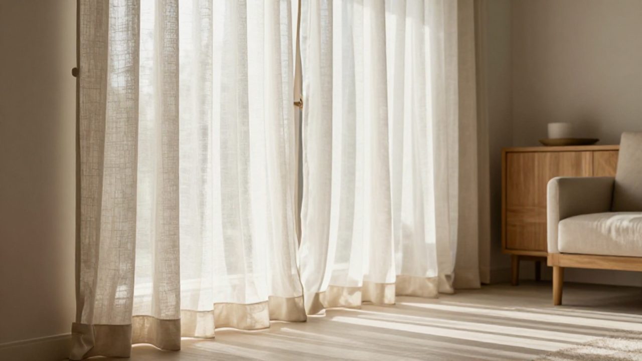 Halbtransparente Leinenvorhänge lassen warmes Sonnenlicht durch ein Wohnzimmer scheinen und schützen dabei die Möbel im Hintergrund vor direkter Strahlung.