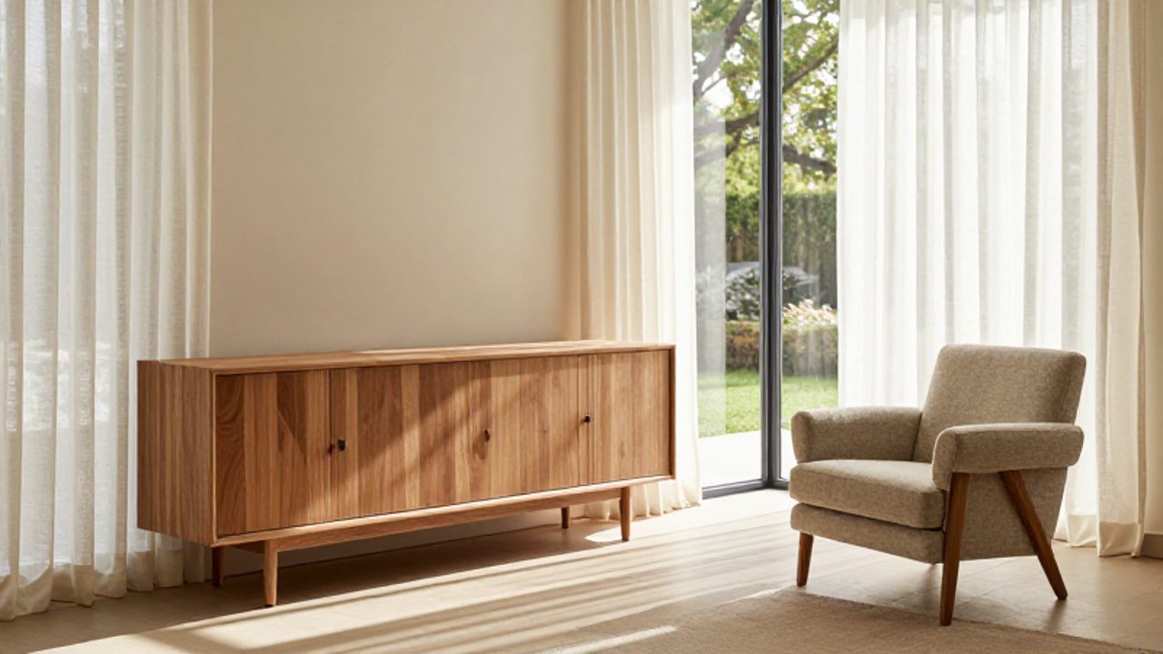 Ein modern eingerichtetes Wohnzimmer, in dem ein Holzsideboard und ein Sessel im schattigen Bereich hinter lichtdurchlässigen Vorhängen vor direktem Sonnenlicht geschützt stehen.