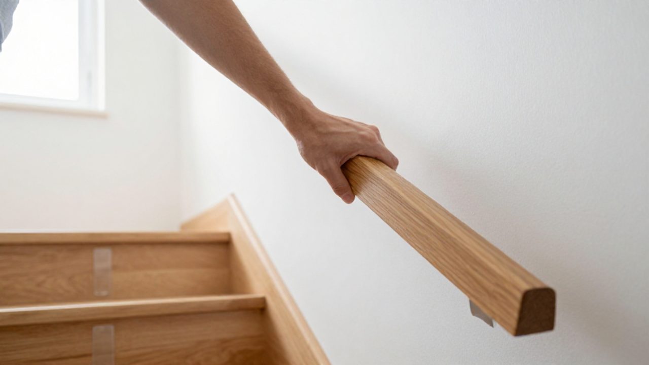 Eine Hand greift sicher an ein ergonomisches Eichengeländer einer Holztreppe, deren Stufenkanten mit transparenten Anti-Rutsch-Streifen ausgestattet sind.