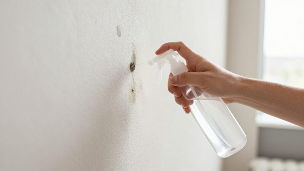 Eine Hand sprüht eine klare Flüssigkeit aus einer Spritzflasche auf dunkle Schimmelstellen an einer hellen Putzwand.