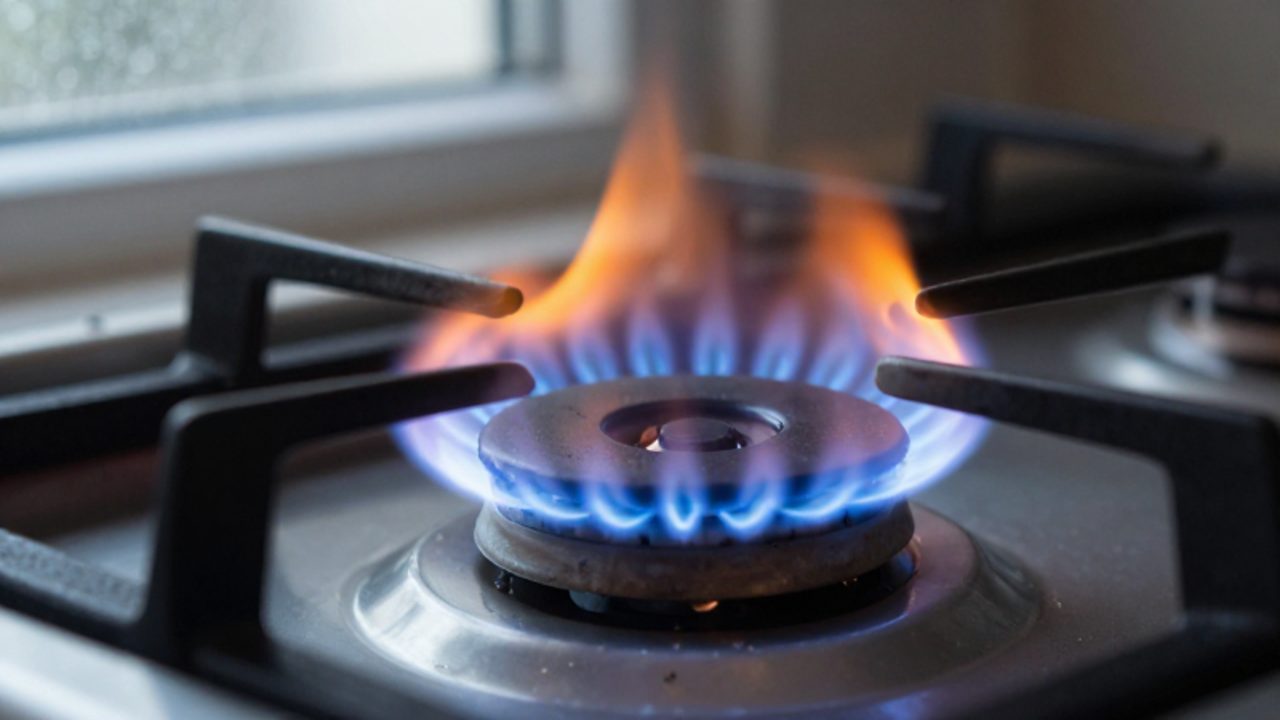 Eine Gasbrennerflamme schlägt von einem stabilen Blau in ein ungleichmäßiges, warnendes Gelborange um, während im Hintergrund Kondenswasser an einem Fenster auf mangelnde Luftzirkulation hindeutet.