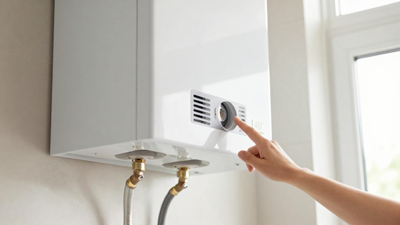 Eine Hand zeigt auf eine Lüftungsöffnung an einer Gastherme in einem hellen Hauswirtschaftsraum, um die Belüftung zu prüfen.