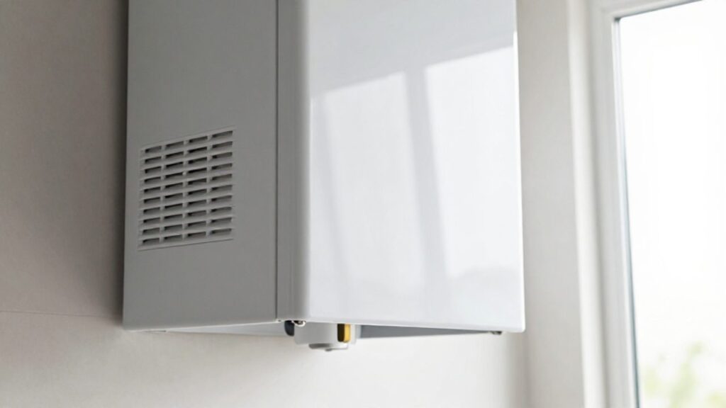 Eine moderne Gastherme an einer hellen Wand neben einem Lüftungsgitter zur Sicherstellung der Luftzirkulation.