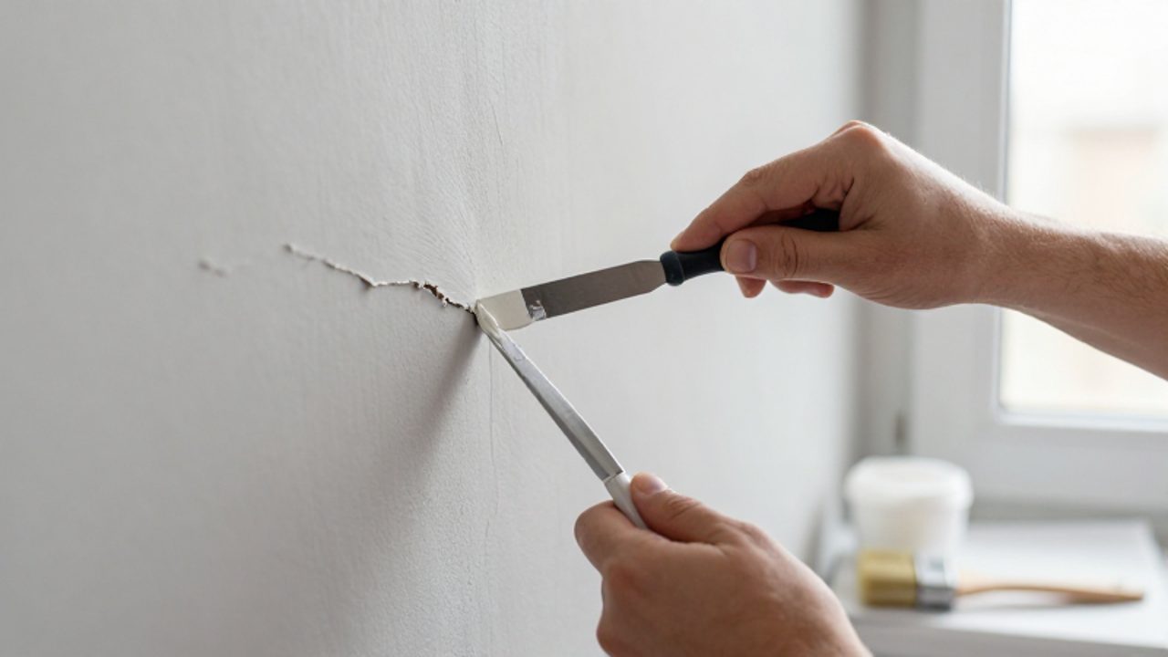 Hände tragen mit einer Spachtel vorsichtig weiße Spachtelmasse in einen feinen Riss einer hellgrauen Innenwand ein.