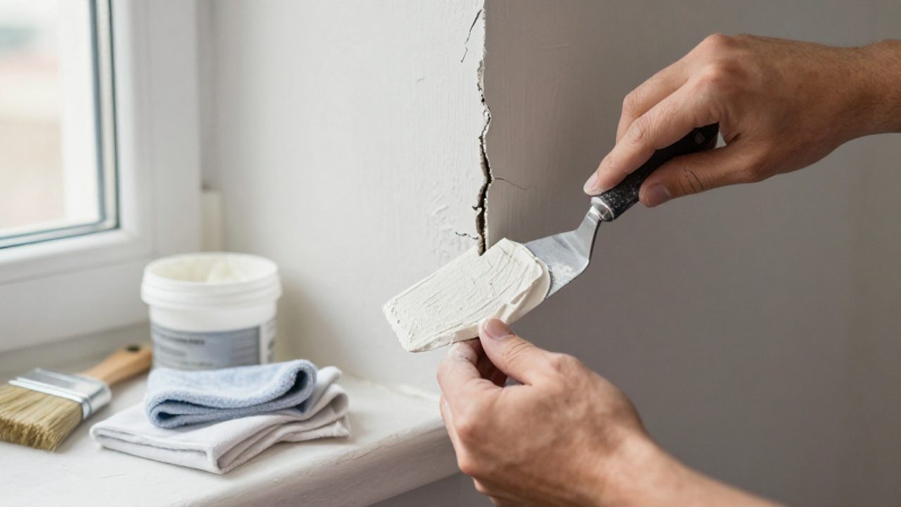 Hände tragen mit einer Spachtel weiße Spachtelmasse in einen Riss in einer hellgrauen Putzwand ein.