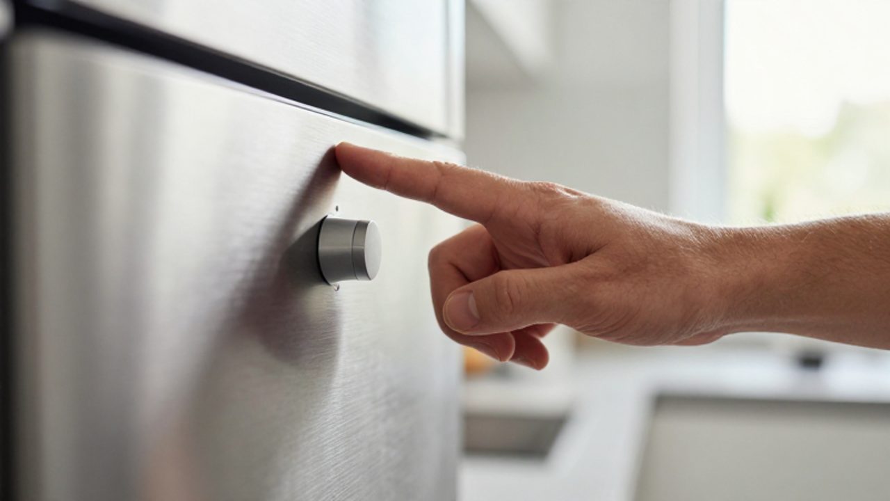 Eine Person zögert, die Hand nach einem modernen Küchengerät aus gebürstetem Metall auszustrecken.