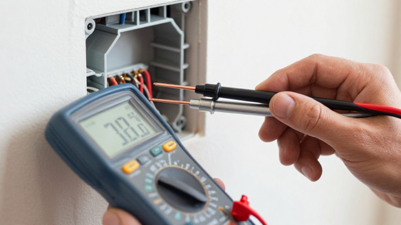 Ein Elektriker prüft mit einem Multimeter die Erdungsverbindung an einem Kupferdraht in einer Elektroverteilerdose.