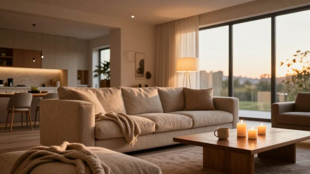 Ein gemütliches Wohnzimmer in warmen Erdtönen wird durch eine Kombination aus sanftem natürlichem Licht und warmen Akzenten einer Stehlampe sowie Kerzen stimmungsvoll beleuchtet.