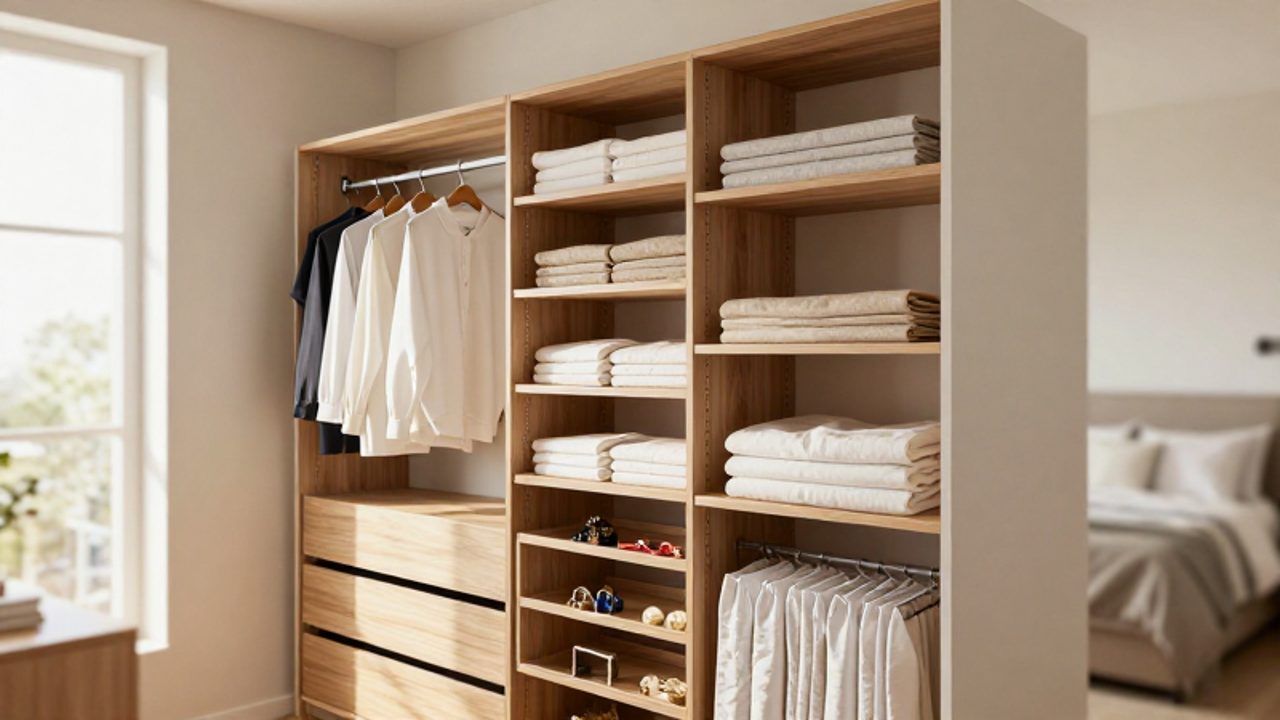 Das Innere eines modern organisierten Schranksystems zeigt eine effiziente Aufteilung mit hängender Kleidung, ordentlich gefalteten Textilien in Holzregalen und speziellen Fächern für Accessoires.