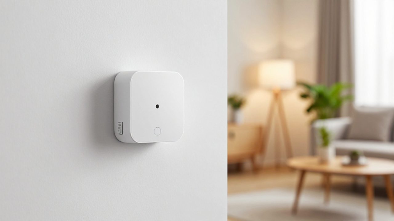 Ein moderner Bewegungsmelder ist diskret an einer hellen Wand in einem hellen, minimalistisch eingerichteten Wohnzimmer montiert.