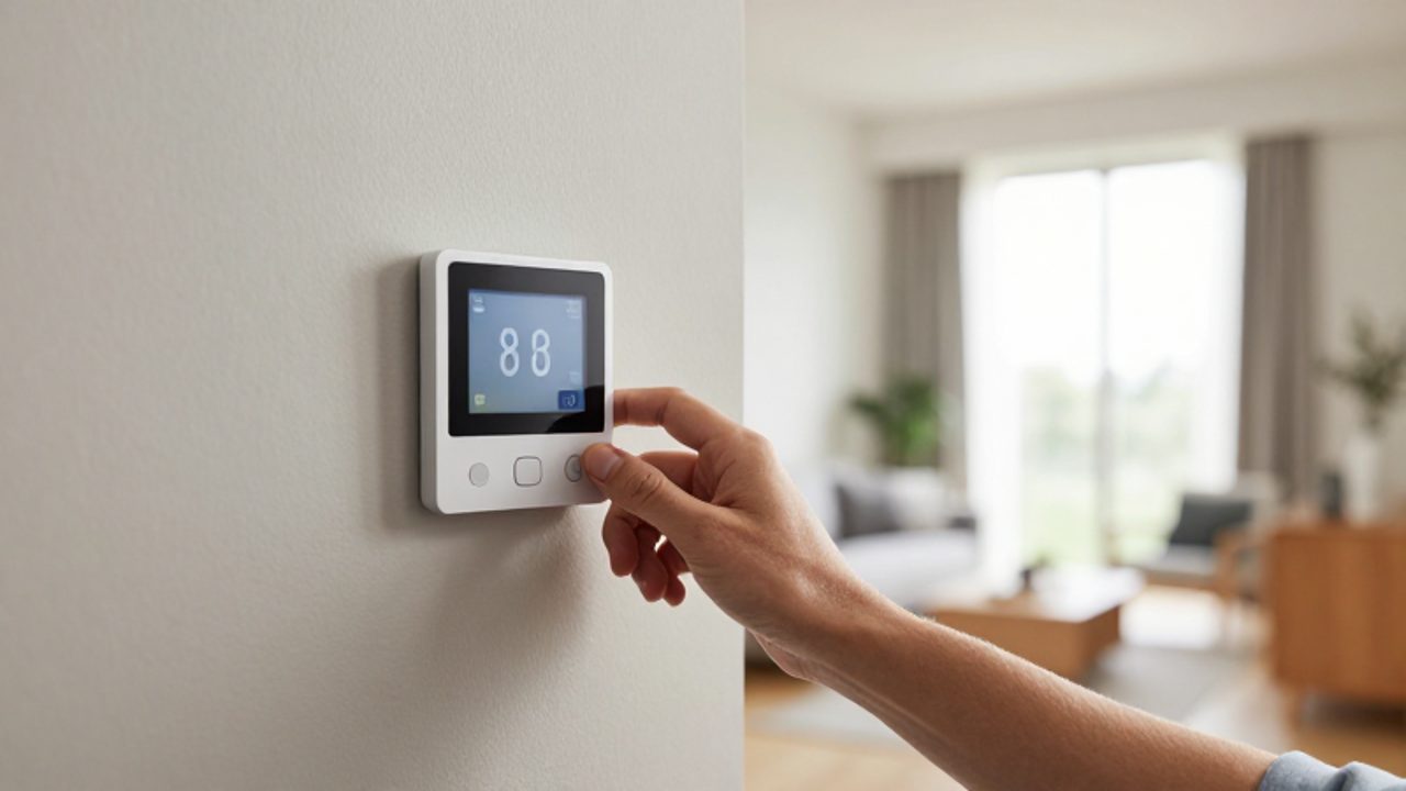 Eine Hand stellt die Temperatur an einem modernen digitalen Smart-Thermostat an einer hellen Wand ein.