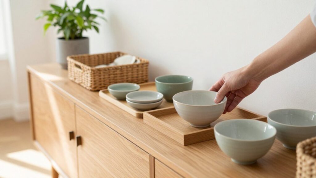 Eine Hand stellt eine Keramikschale in ein ordentlich arrangiertes System aus Körben und Holztabletts auf einem Sideboard in einem hellen, modernen Wohnzimmer.