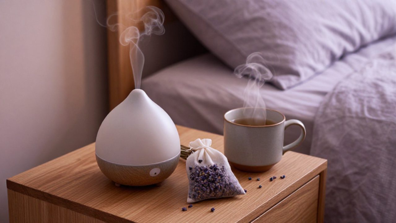 Ein hölzerner Nachttisch in einem gemütlich beleuchteten Schlafzimmer mit einem Duftdiffusor, einem Lavendelsäckchen und einer Tasse Kräutertee vor einem weich gezeichneten Bett.
