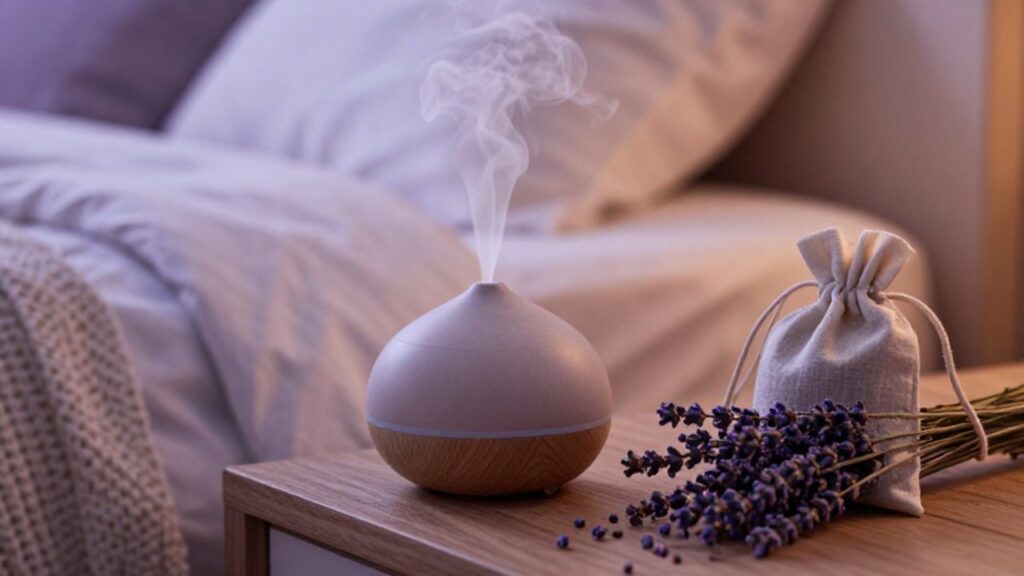 Ein eleganter Diffuser, der feinen Nebel ausstößt, steht neben einem kleinen Lavendelsäckchen auf einem Nachttisch vor einem gemütlich angerichteten Bett.