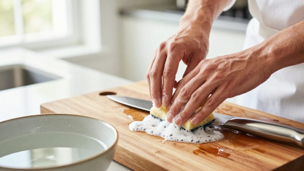 Hände reinigen behutsam ein Santoku-Messer mit einem Schwamm und Seifenlauge auf einem Holzschneidebrett in einer hellen Küche.