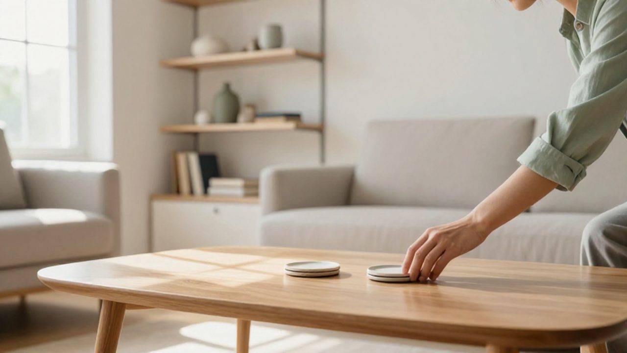 Eine Person stellt in einem hellen, minimalistischen Wohnzimmer ruhig ein Keramikuntersetzer auf einen aufgeräumten Holztisch.