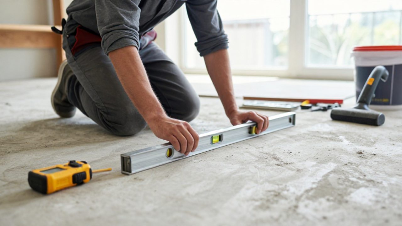 Ein Handwerker prüft mit einer Richtlatte die Ebenheit eines Betonuntergrunds in einem hellen Raum, um ihn für den neuen Bodenbelag vorzubereiten.