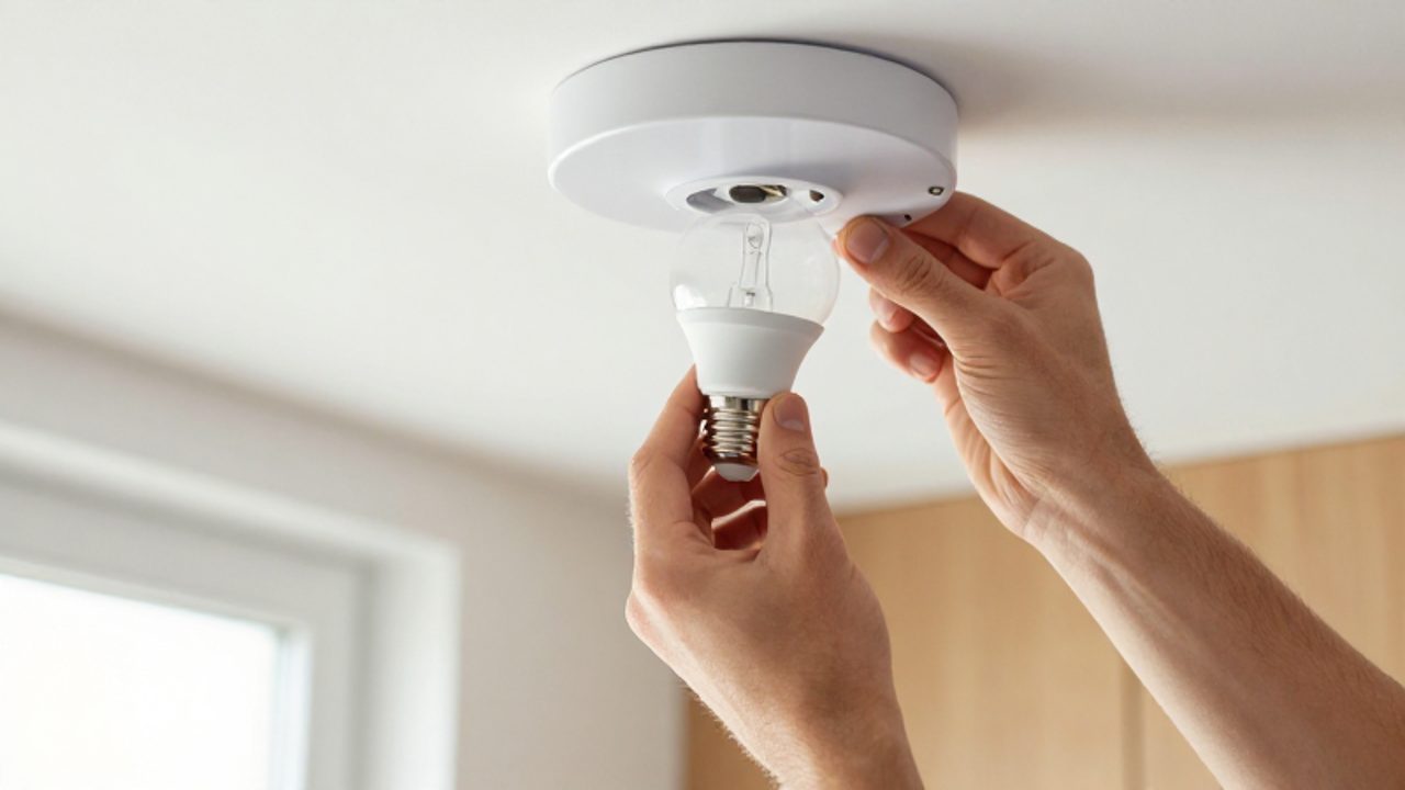 Hände setzen vorsichtig eine neue LED-Glühbirne in eine moderne Deckenlampe ein.
