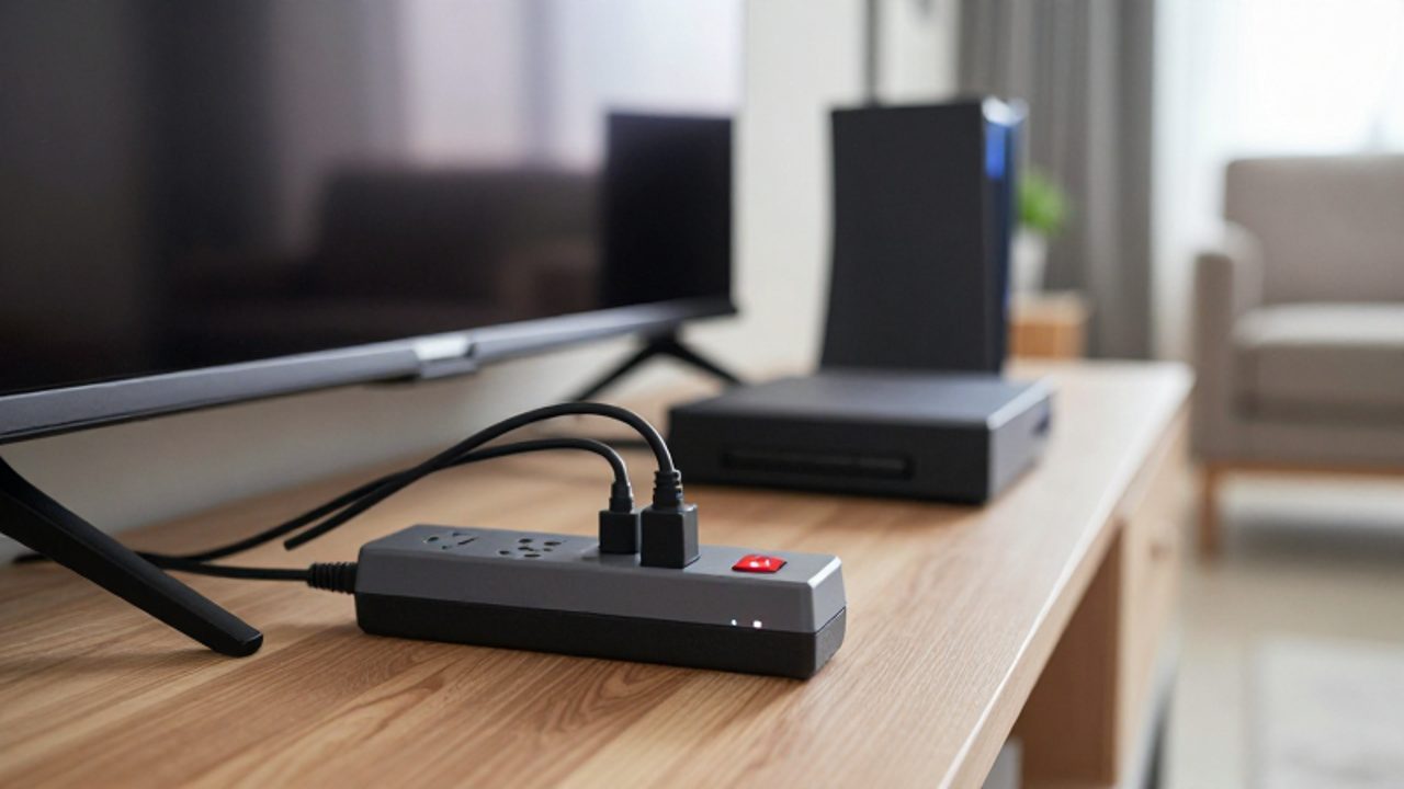 Eine Steckdose mit einer eingeschalteten Mehrfachsteckdose, an der Kabel von Fernseher, Spielekonsole und Soundbar angeschlossen sind.