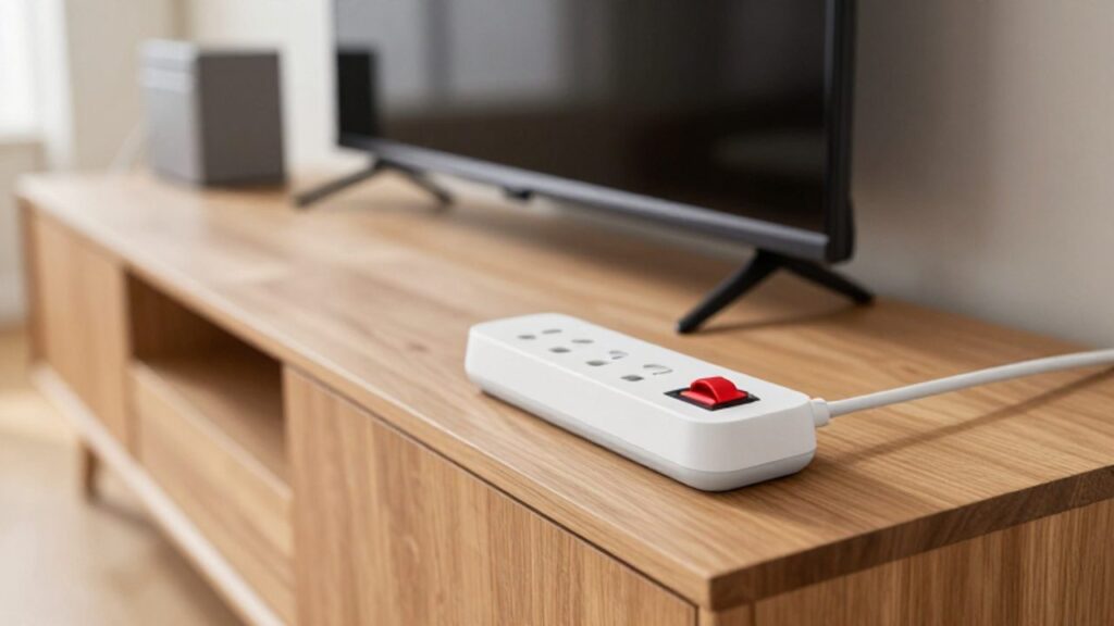 Eine eingeschaltete Steckdosenleiste auf einem Holzsideboard vor einem unscharfen Hintergrund mit Fernseher und Spielekonsole.
