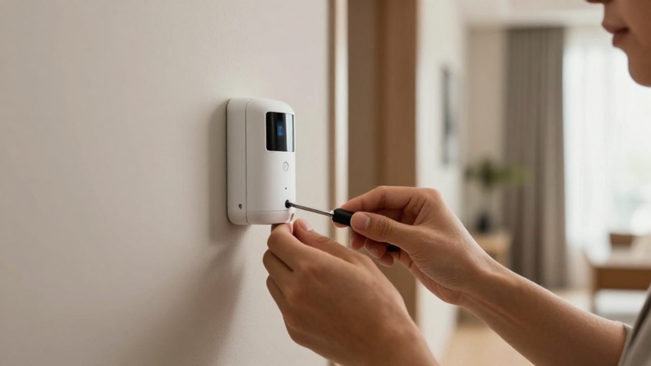 Eine Person überprüft mit einem kleinen Werkzeug einen an der Wand montierten Bewegungsmelder zur Wartung der Alarmanlage.