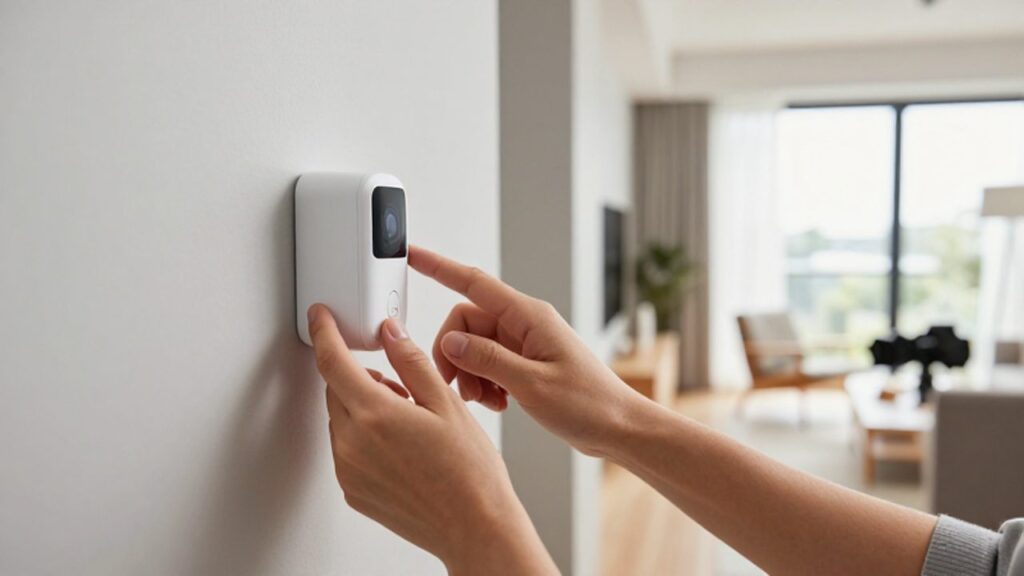 Eine Person prüft einen weißen Bewegungsmelder an einer hellen Wand in einem modernen Wohnbereich.