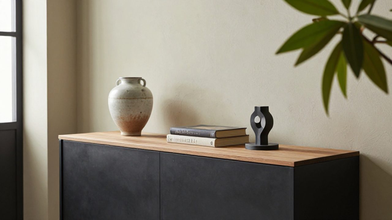 Ein minimalistisches Sideboard aus schwarzem Metall und Eichenholz steht vor einer cremefarbenen Wand und ist mit dekorativen Objekten wie einer Keramikvase und Büchern kombiniert.