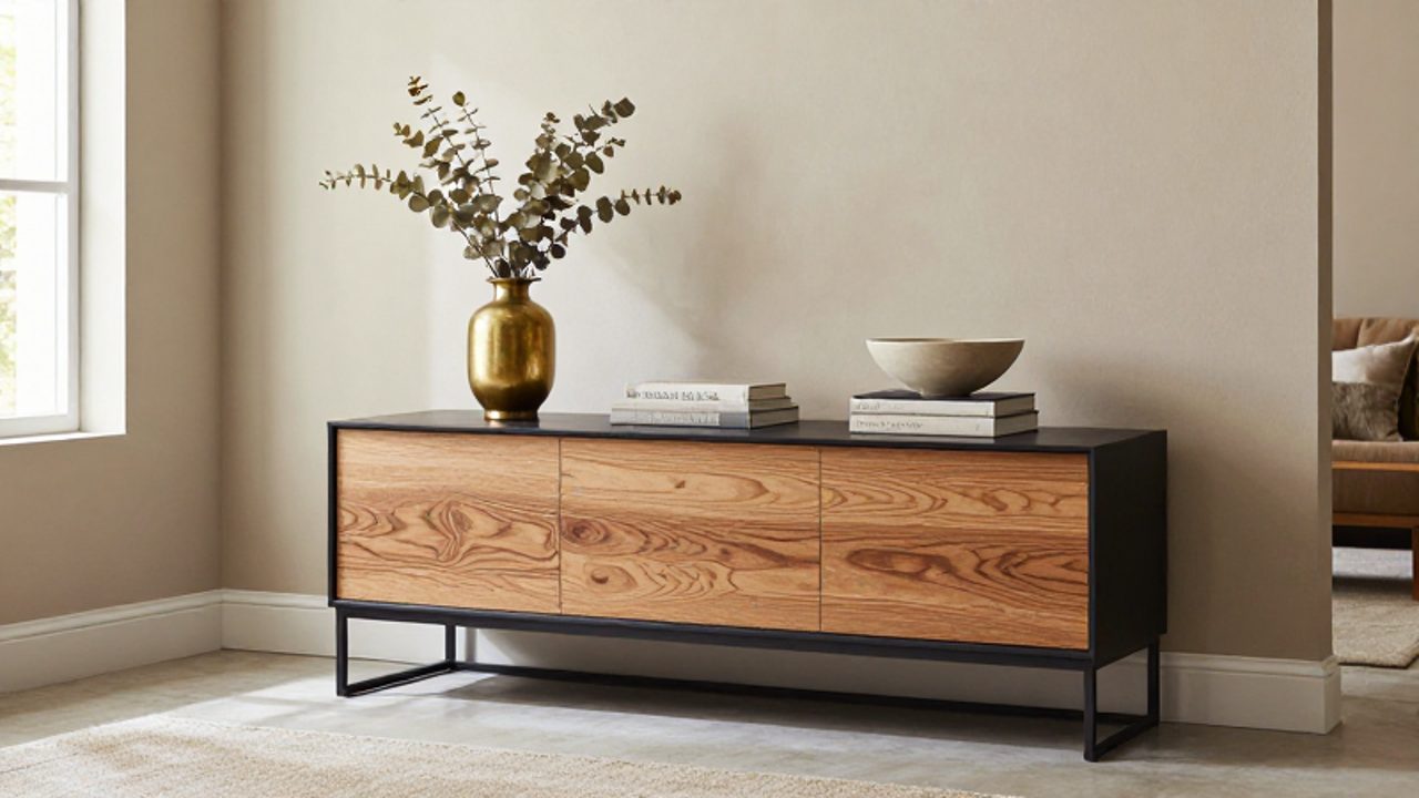 Ein minimalistisches Sideboard aus schwarzem Metall und Eichenholz kombiniert antike Messingvasen mit modernen Büchern und Keramikschalen in einer hellen, gemütlichen Wohnumgebung.