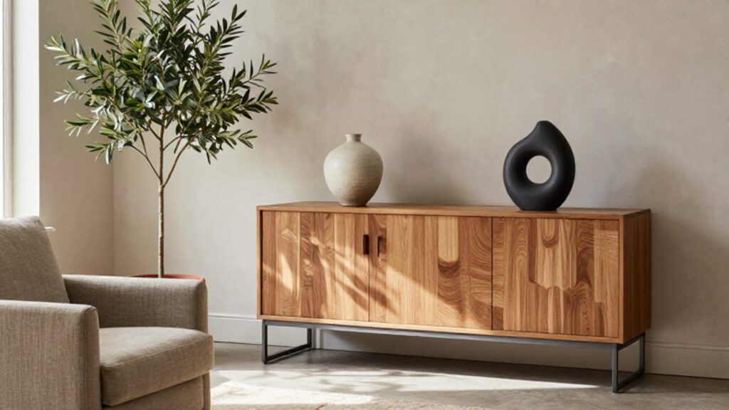 Ein modern eingerichteter Wohnbereich kombiniert ein minimalistisches Sideboard mit einem klassischen Keramik-Vase, einer zeitgenössischen Skulptur und einer Olivenpflanze in einem Terrakottatopf.