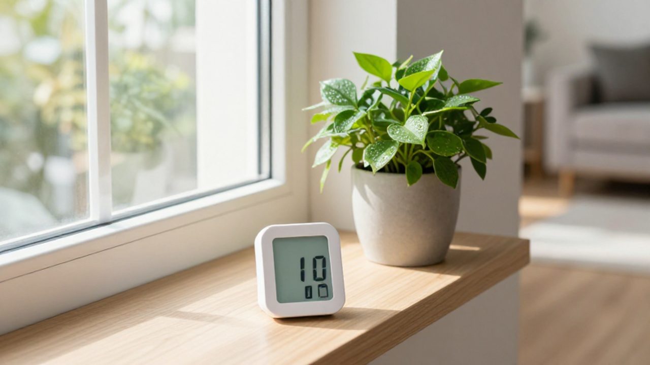 Ein Hygrometer steht auf einem hellen Holzfensterbrett neben einer grünen Zimmerpflanze, während durch ein leicht geöffnetes Fenster frisches Licht und Luft in einen hellen Wohnraum strömen.