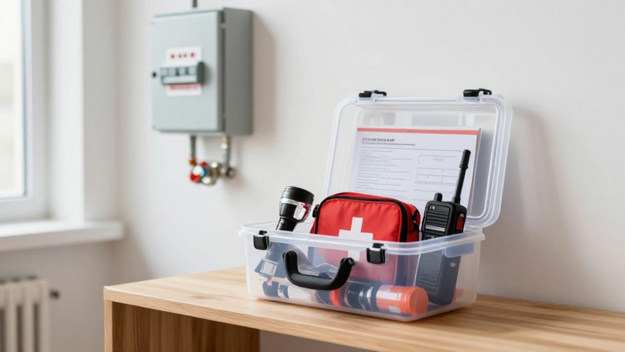 Eine transparent auf einem Holzregal platzierte Notfallbox mit Taschenlampe, Erste-Hilfe-Set, Radio und Dokumenten in einem hellen Versorgungsraum.