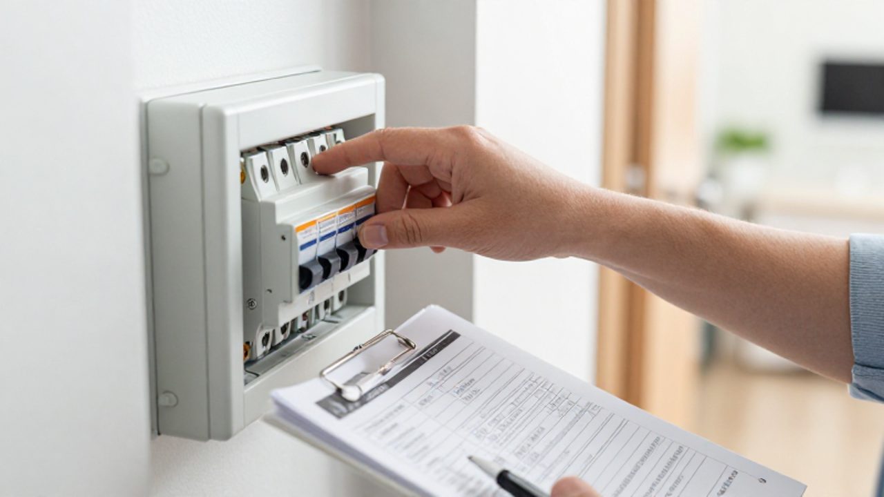 Eine Person legt ruhig einen Sicherungsschalter im Haushalt um, während sie gleichzeitig eine Notfall-Checkliste hält.