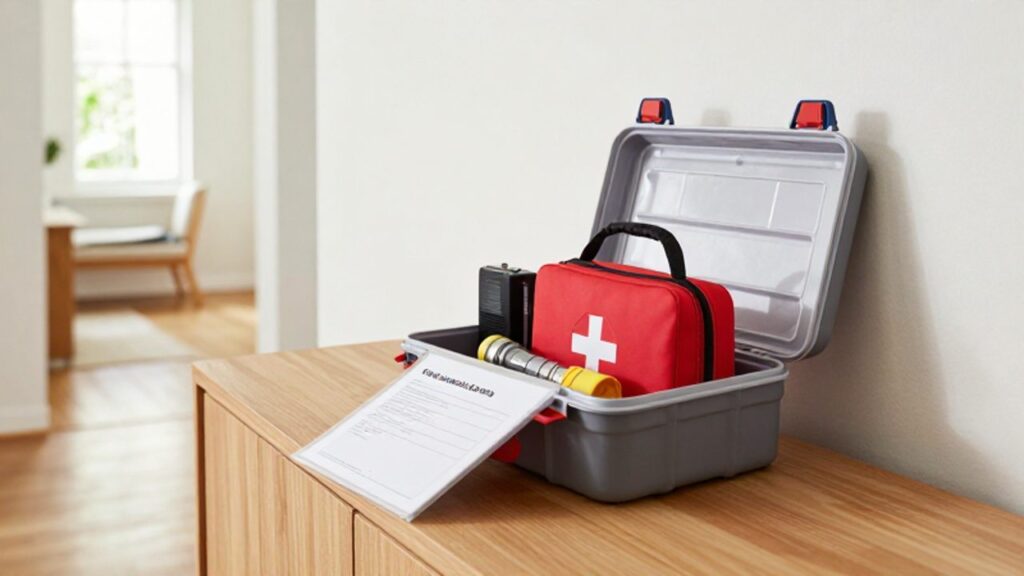 Ein gut organisierter Notfallkoffer mit Erste-Hilfe-Set, Taschenlampe, Radio und Dokumenten steht bereit auf einem Sideboard im Eingangsbereich eines Hauses.