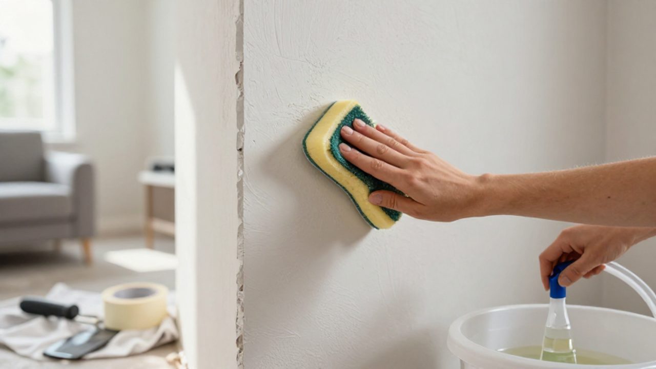 Hände reinigen eine strukturierte Innenwand mit einem feuchten Schwamm und Reinigungslösung vor einer Renovierung im Wohnzimmer.