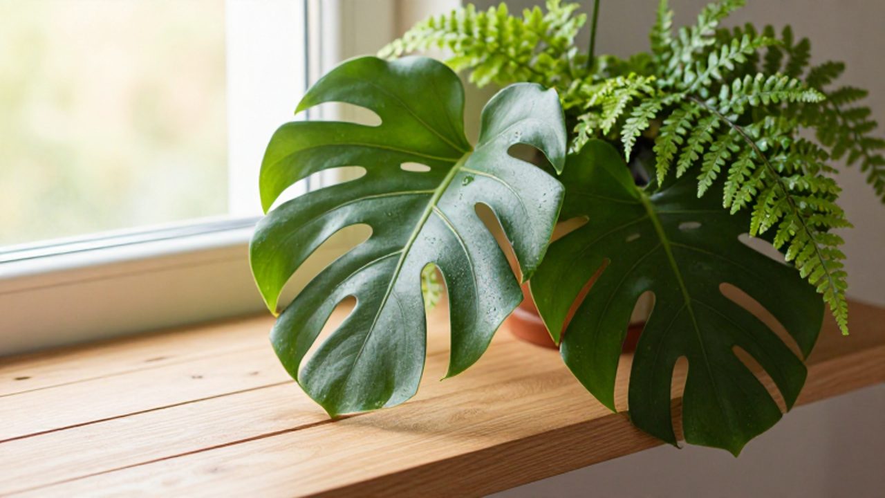 Eine Calathea und ein Farn stehen mit feinen Wassertropfen auf einem Holzregal in einem hellen, sonnendurchfluteten Raum.