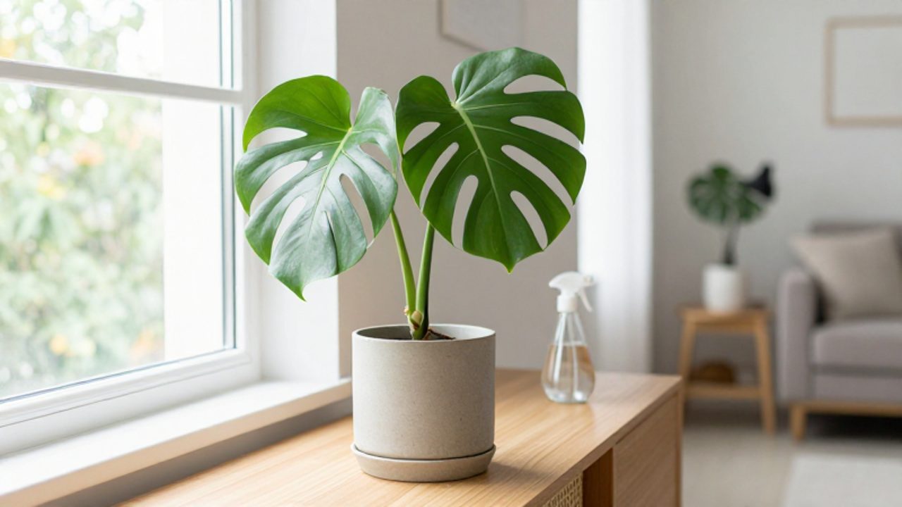 Eine gesunde Monstera Deliciosa in einem Keramiktopf steht auf einem Holzsideboard neben einem sonnigen Fenster in einem hellen Wohnzimmer.