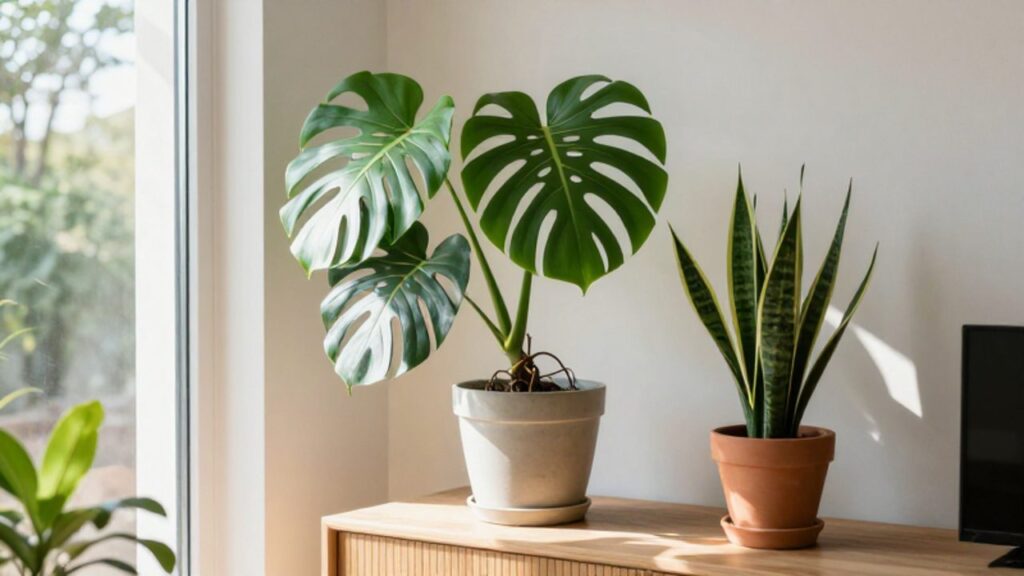 Eine üppige Monstera und eine Sansevieria stehen in einem hellen, modern eingerichteten Wohnzimmer auf einem Holzsideboard im natürlichen Sonnenlicht.