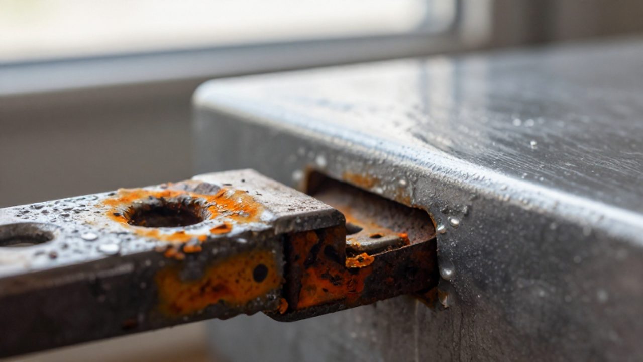 Ein verrosteter Metallbeschlag mit orangefarbener Oxidation steht im Kontrast zu einer glatten, gepflegten Metalloberfläche im Hintergrund.