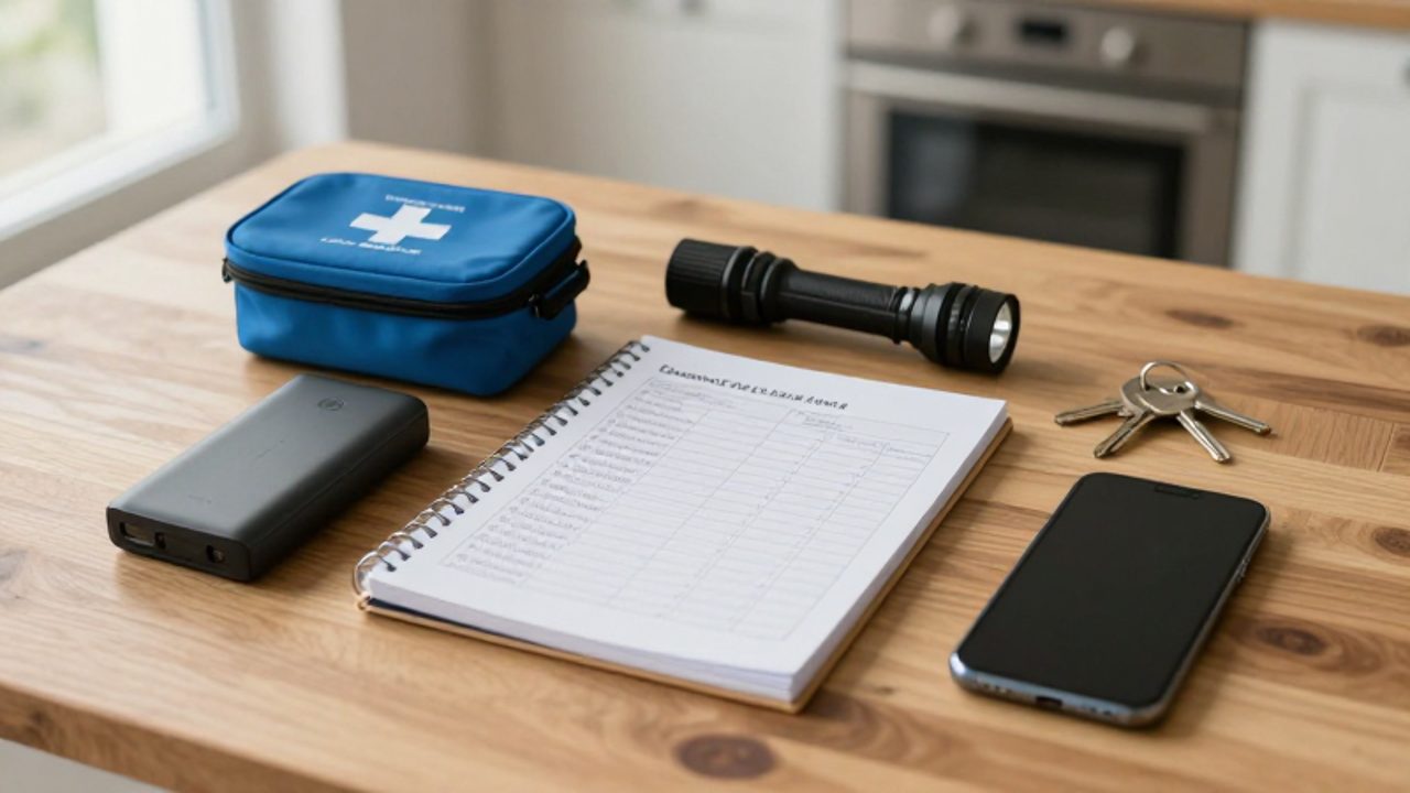 Ein handschriftliches Notizbuch und eine gedruckte Checkliste liegen neben einem Smartphone, einer Powerbank, einer Taschenlampe und einem Erste-Hilfe-Set auf einem Holztisch.